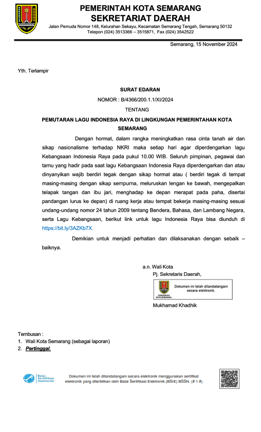 Pemutaran Lagu Indonesia Raya di Lingkungan Pemerintah Kota Semarang
